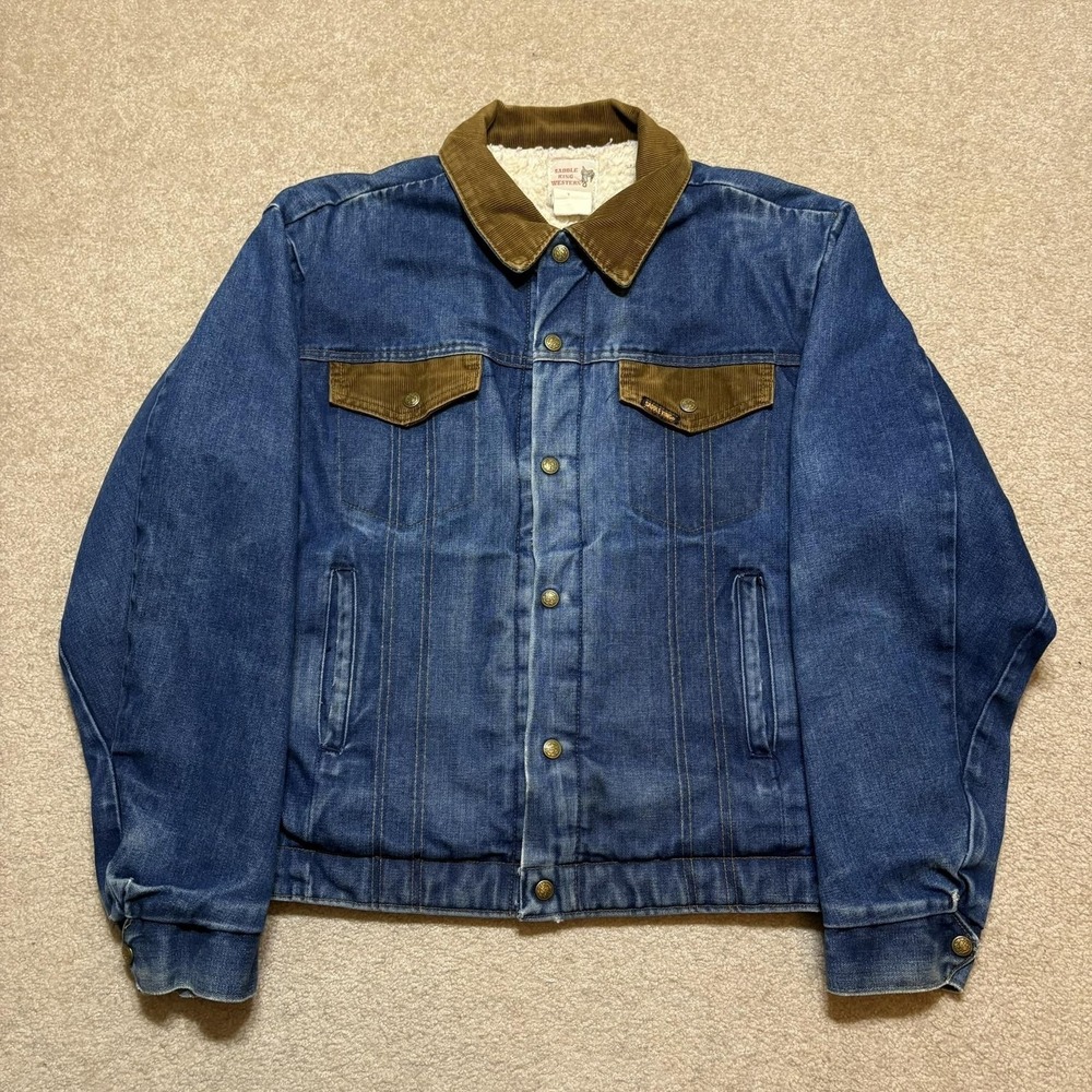 Vtg Saddle King Western Jacket Mens Large Blue Sherpa Lined Denim Bomber 70s 80s